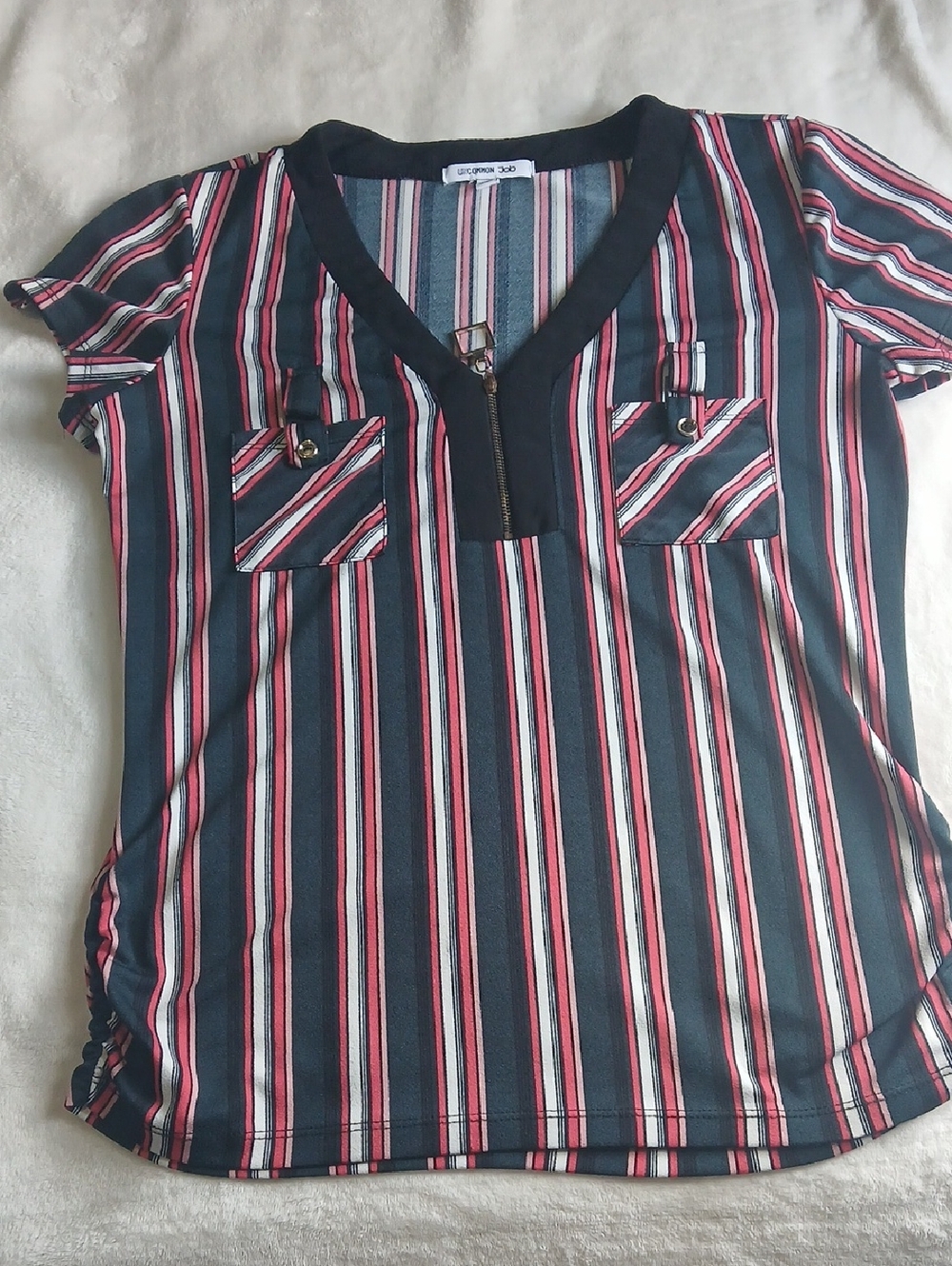 Striped Navy and Red Zip-Front Short Sleeve Tee